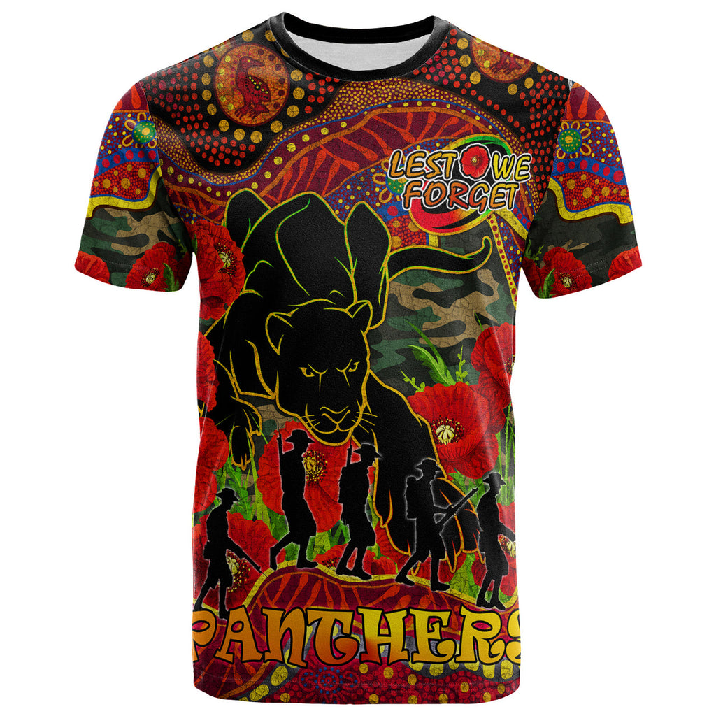 panthers-rugby-anzac-day-custom-t-shirt-aboriginal-lest-we-forget-panthers-with-poppy-flower-1