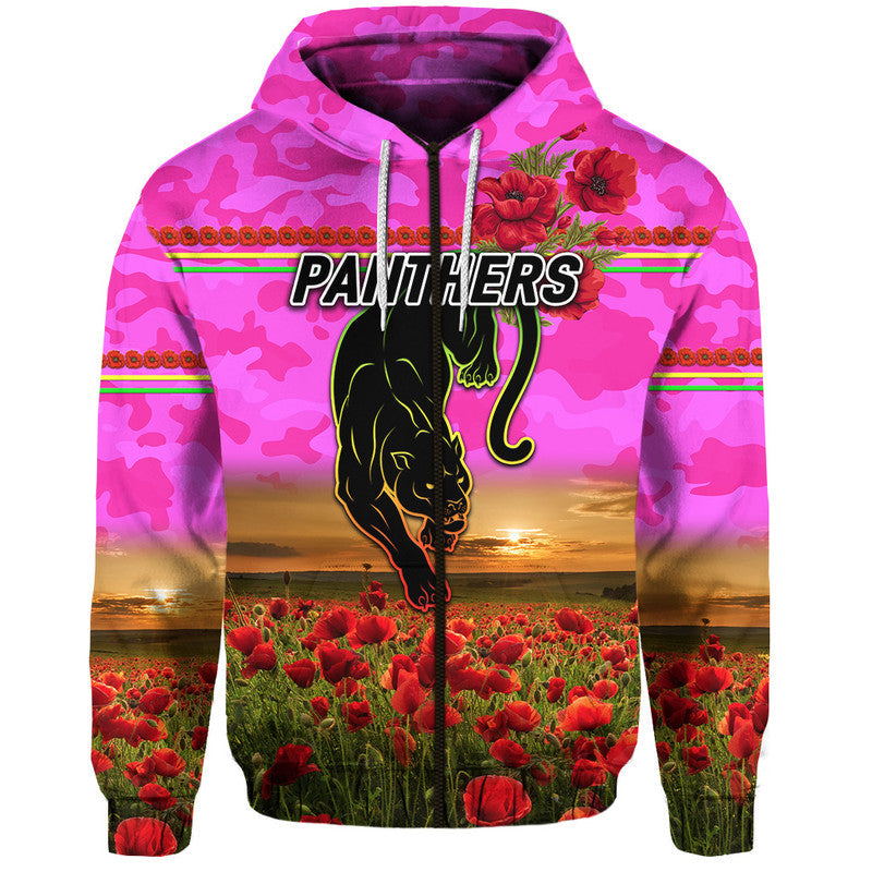 (Custom Personalised) Penrith Panthers ANZAC 2022 Zip Up And Pullover Hoodie Poppy Flowers Vibes - Pink LT8