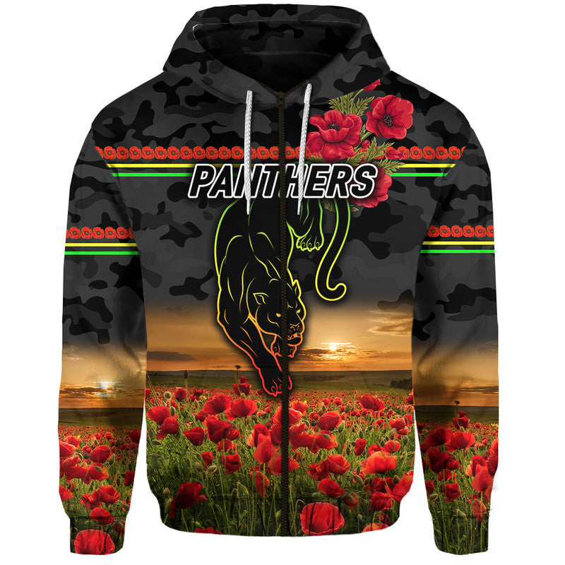 (Custom Personalised) Penrith Panthers ANZAC 2022 Zip Up And Pullover Hoodie Poppy Flowers Vibes - Black LT8