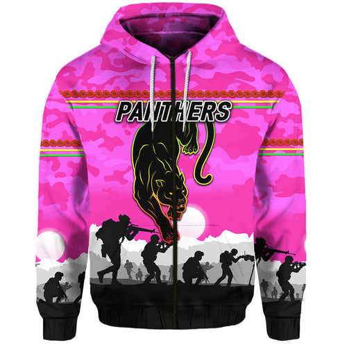 (Custom Personalised) Penrith Panthers ANZAC 2022 Zip Up And Pullover Hoodie Simple Style - Pink LT8