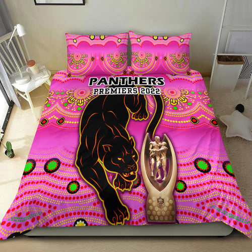penrith-panthers-rugby-bedding-set-pink-crouching-panther-premiers-2022