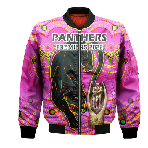 custom-personalised-penrith-panthers-rugby-bomber-jacket-pink-crouching-panther-premiers-2022