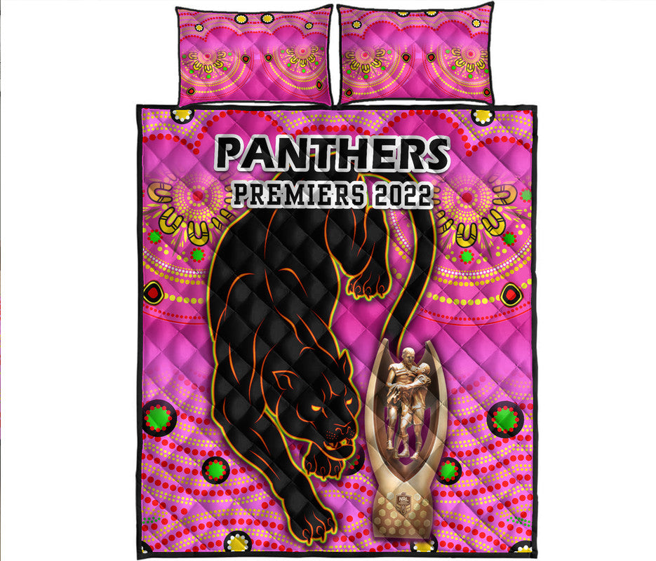 penrith-panthers-rugby-quilt-bed-set-pink-crouching-panther-premiers-2022