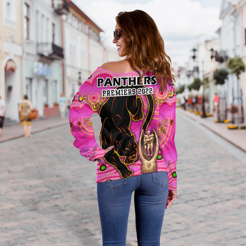 penrith-panthers-rugby-women-off-shoulder-sweater-pink-crouching-panther-premiers-2022