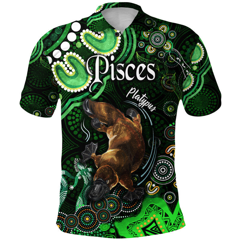 australian-astrology-polo-shirt-pisces-platypus-zodiac-aboriginal-vibes-green