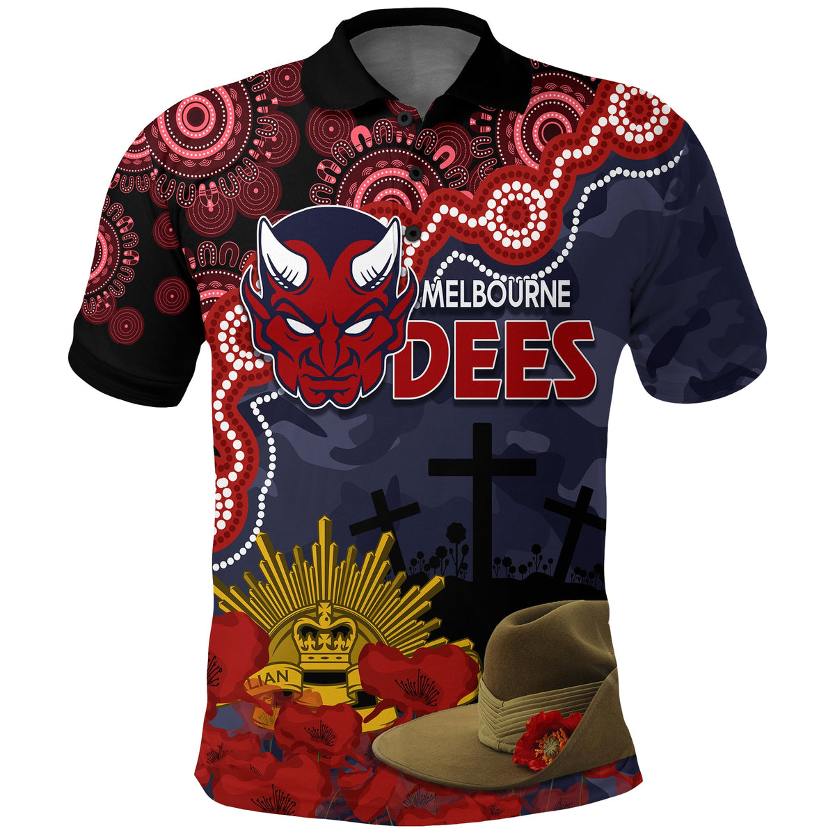 melbourne-dees-football-anzac-2023-polo-shirt-aboriginal-mix-slouch-hat