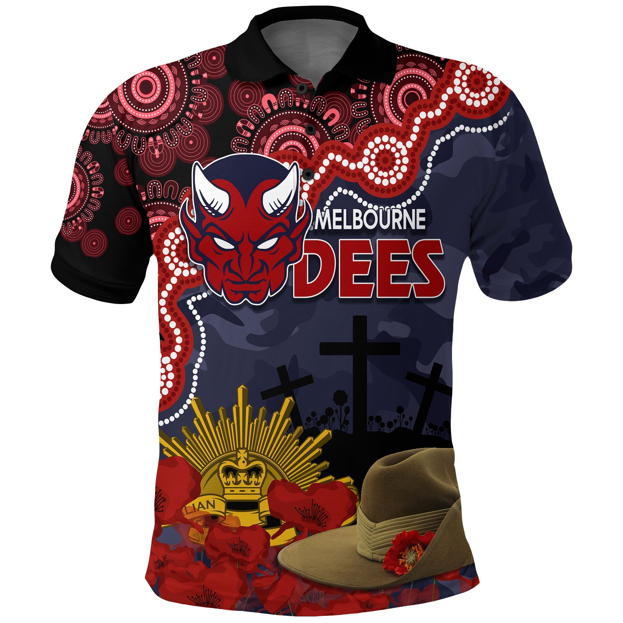 melbourne-dees-football-anzac-2023-polo-shirt-aboriginal-mix-slouch-hat