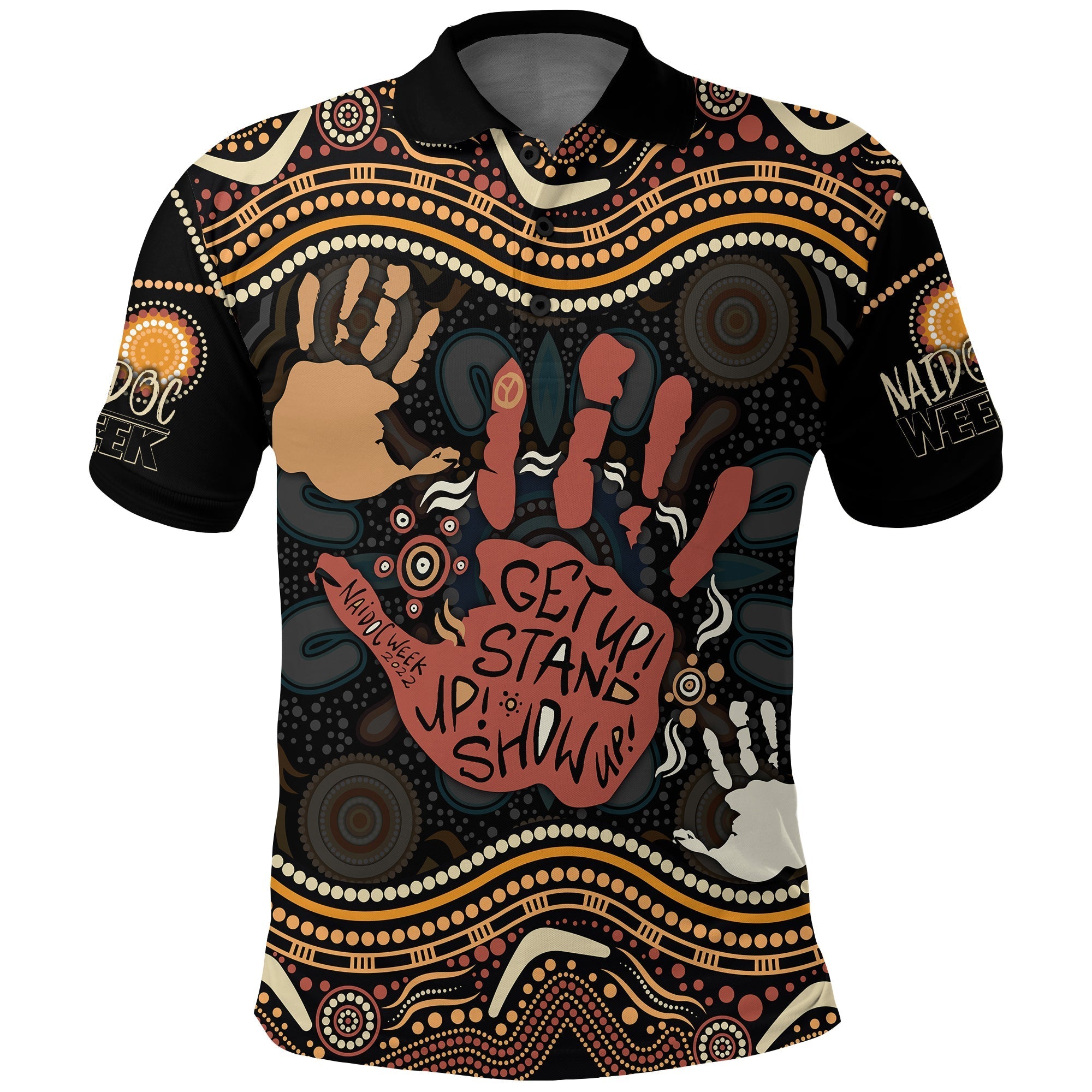 personalised-naidoc-week-2022-polo-shirt-aboriginal-art-hand-stencils