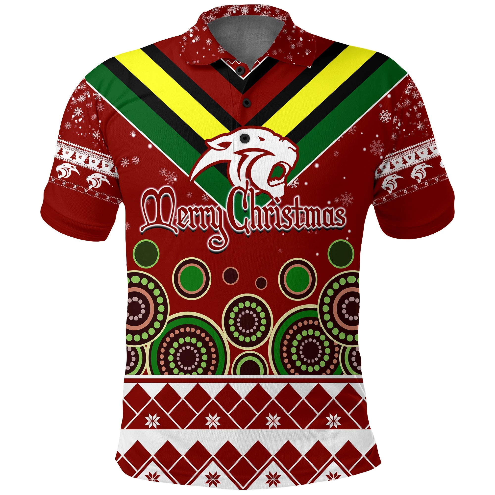 aboriginal-christmas-black-panther-with-santa-hat-polo-shirt