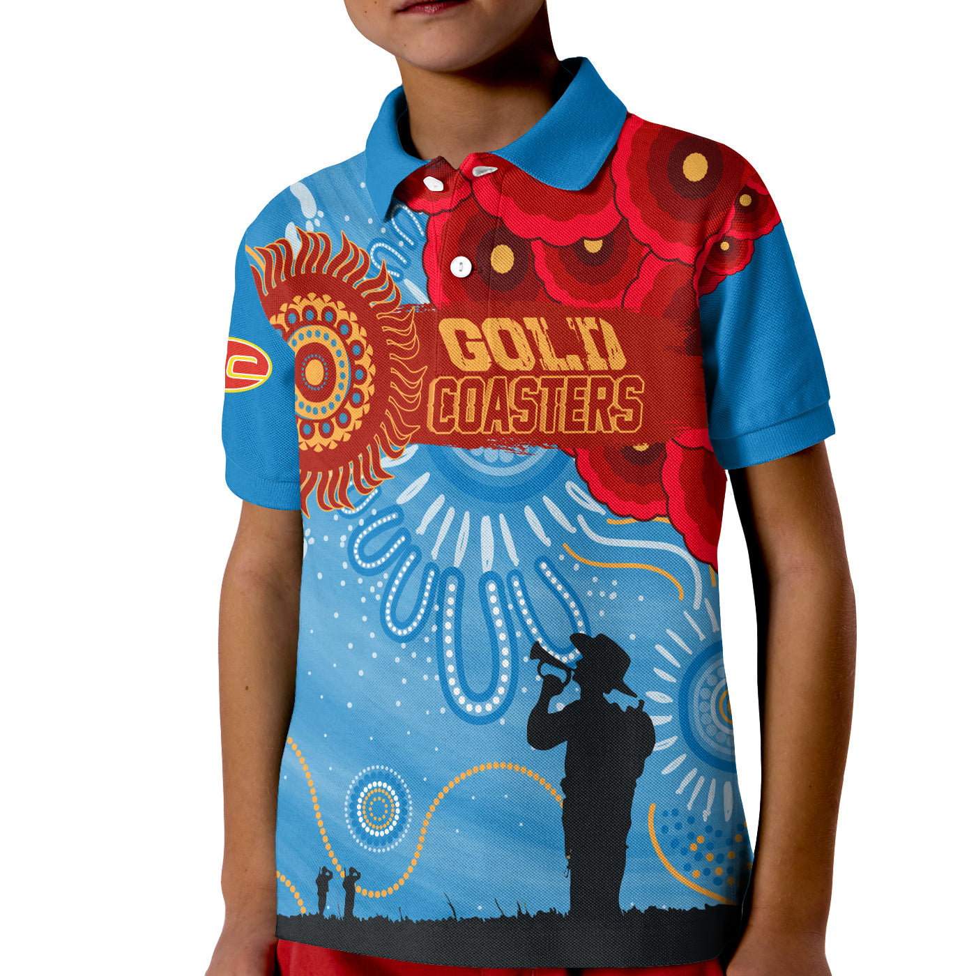 custom-personalised-gold-coaster-sunnies-indigenous-anzac-day-kid-polo-shirt-we-will-remember