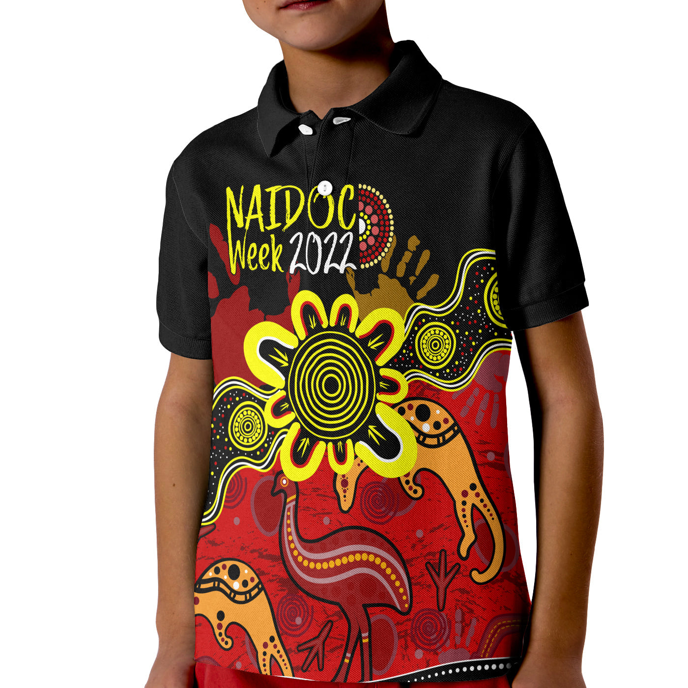 indigenous-naidoc-week-2022-kid-polo-shirt-kangaroo-and-emu-birds