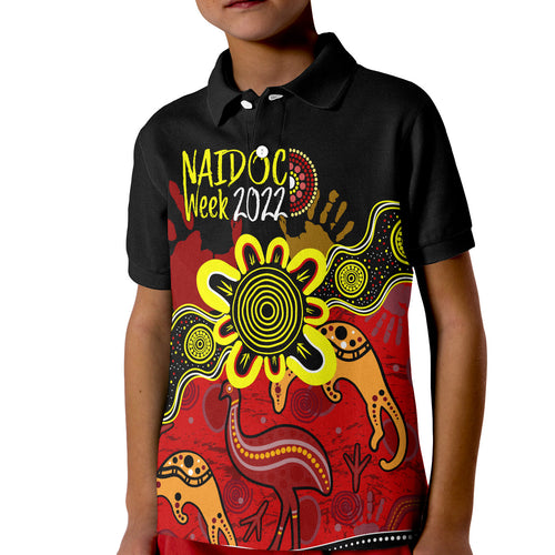 indigenous-naidoc-week-2022-kid-polo-shirt-kangaroo-and-emu-birds