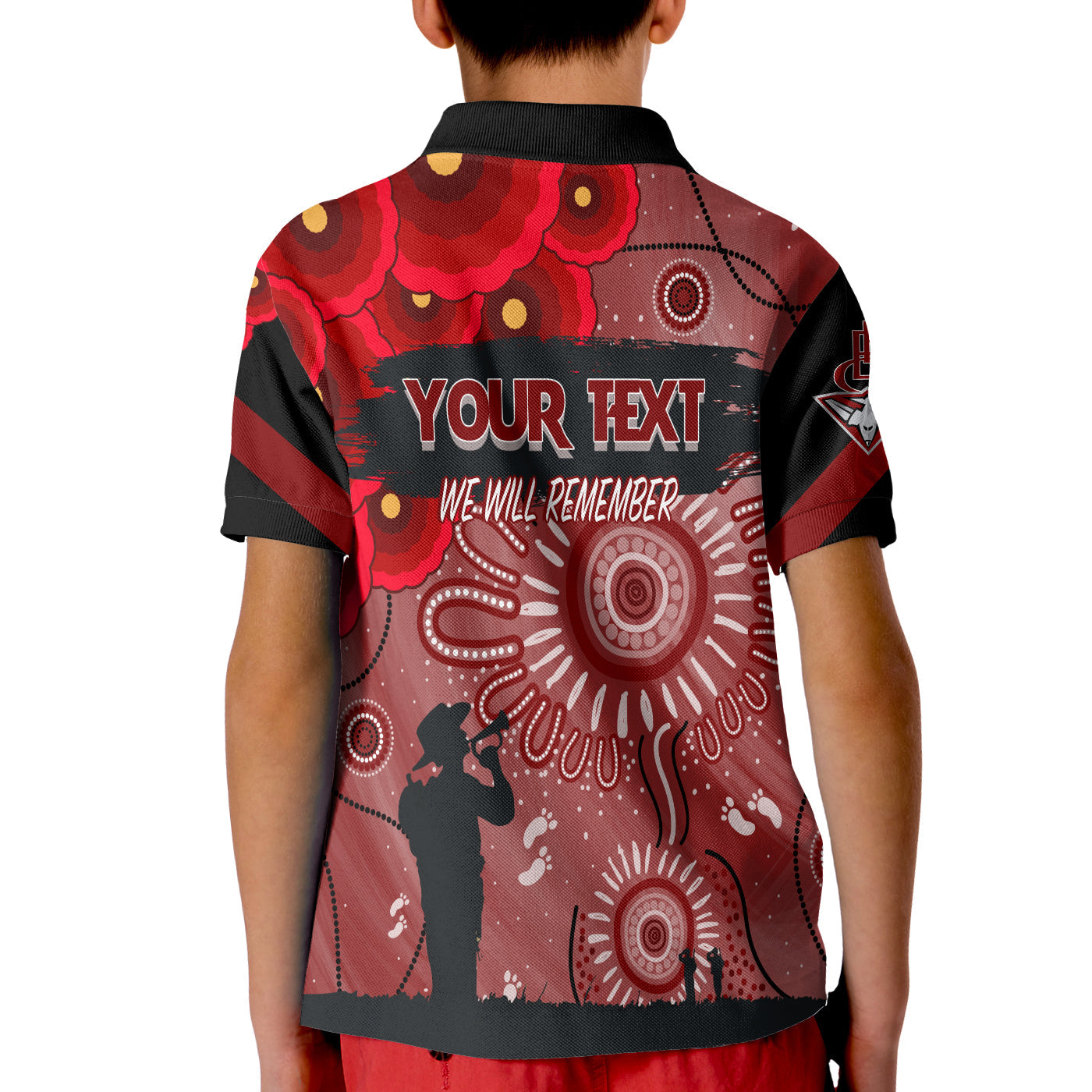 custom-personalised-essendon-bombers-indigenous-anzac-day-kid-polo-shirt-we-will-remember