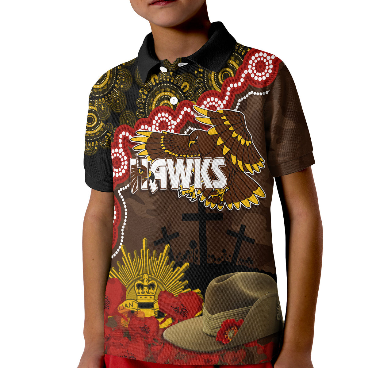 hawks-football-anzac-2023-polo-shirt-kid-aboriginal-mix-slouch-hat