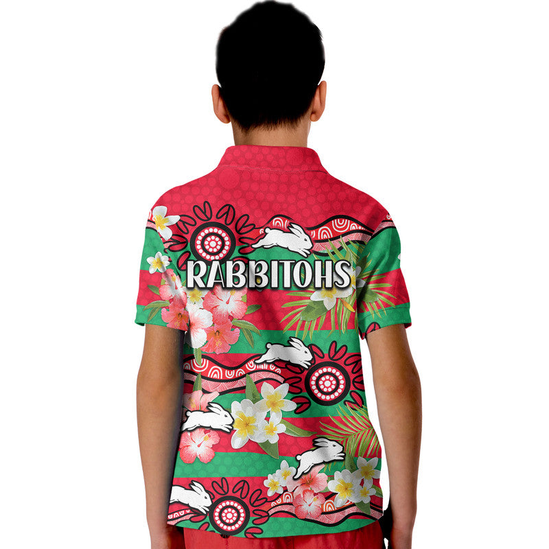 rabbitohs-rugby-kid-polo-shirt-tropical-flowers-and-palm-hawaiian-style