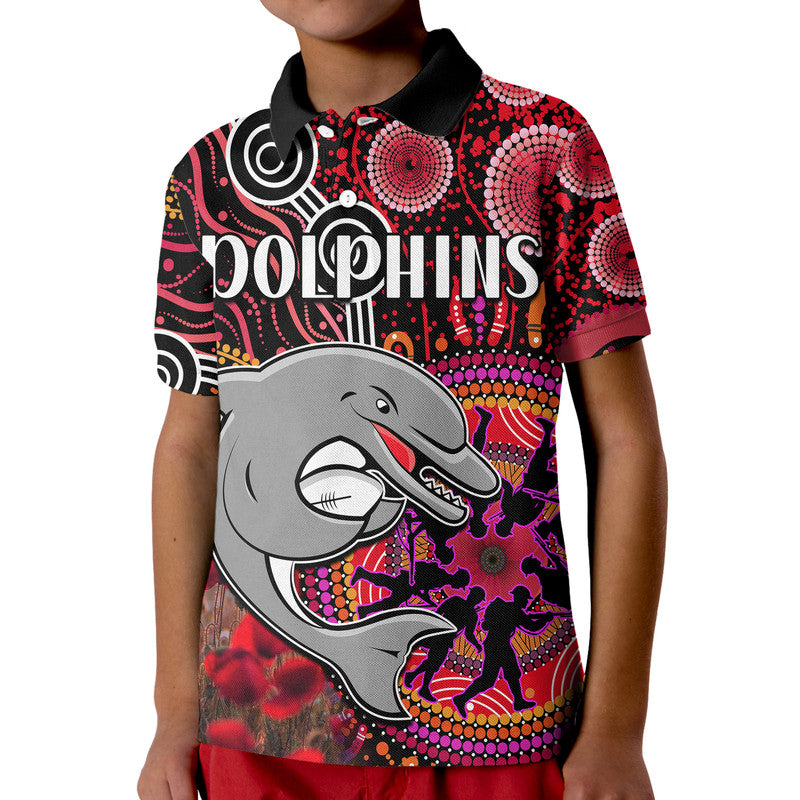 custom-personalised-dolphins-rugby-anzac-polo-shirt-aboriginal-military-and-poppy-flowers