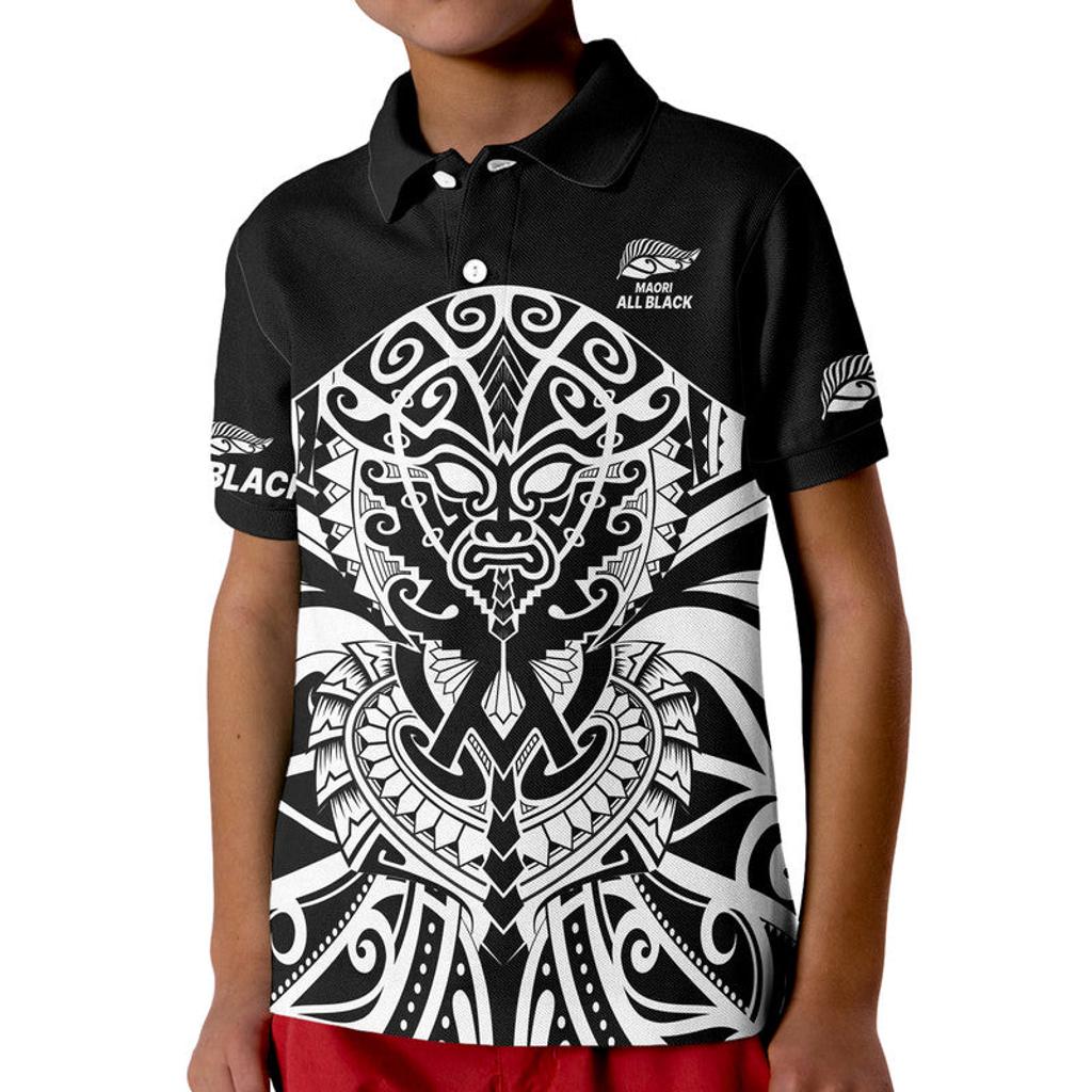 custom-text-and-number-aotearoa-silver-fern-rugby-sevens-kid-polo-shirt-maori-tribal-all-black