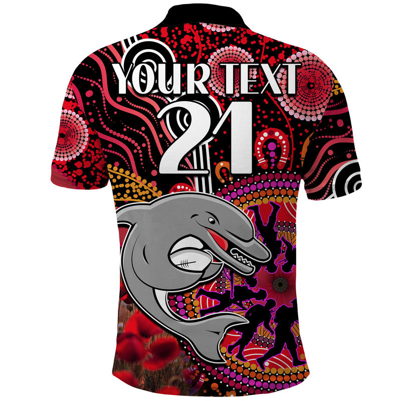 custom-personalised-dolphins-rugby-anzac-polo-shirt-aboriginal-military-and-poppy-flowers