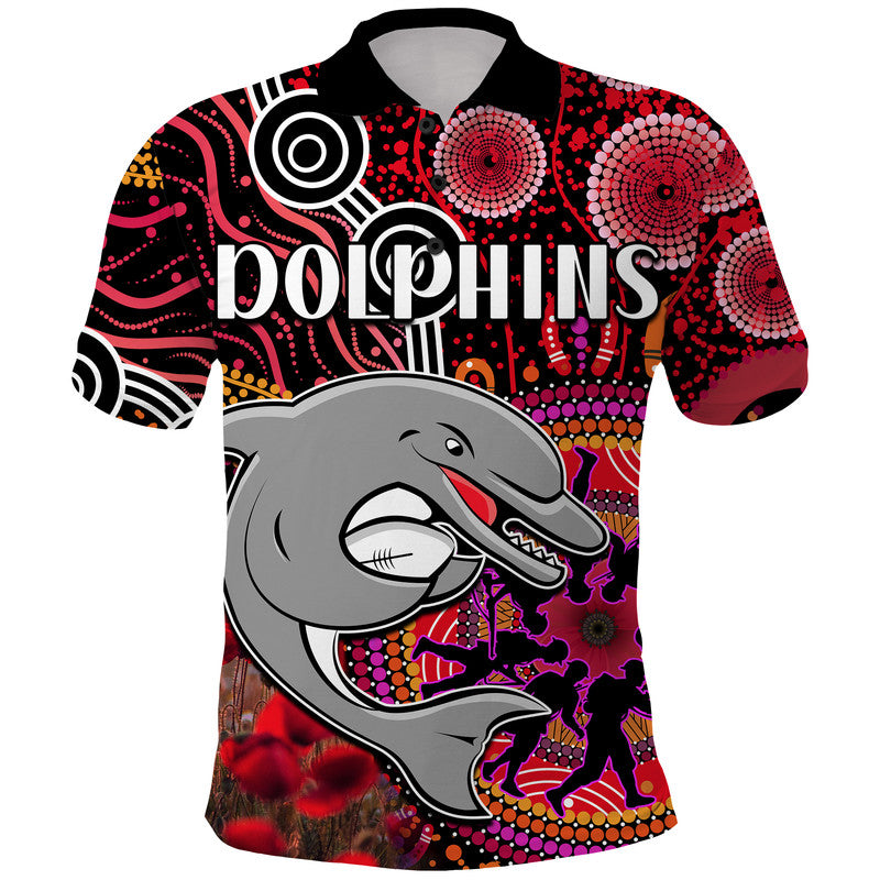 custom-personalised-dolphins-rugby-anzac-polo-shirt-aboriginal-military-and-poppy-flowers