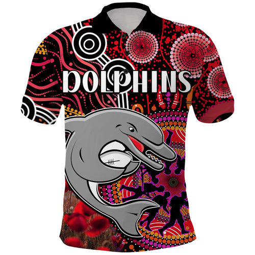 custom-personalised-dolphins-rugby-anzac-polo-shirt-aboriginal-military-and-poppy-flowers