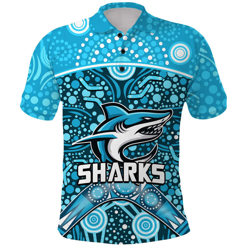 custom-personalised-sharks-rugby-polo-shirt-boomerang-indigenous-dots