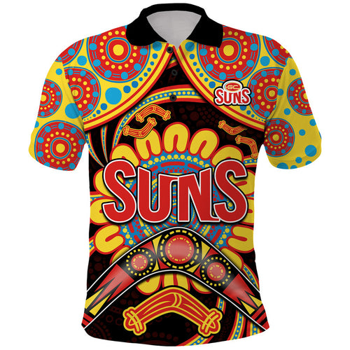 custom-personalised-suns-football-polo-shirt-boomerang-indigenous-dots