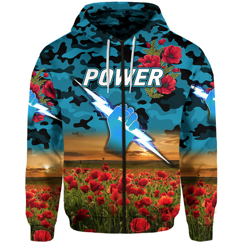 (Custom Personalised) Port Adelaide Power ANZAC Zip Up And Pullover Hoodie Poppy Vibes LT8
