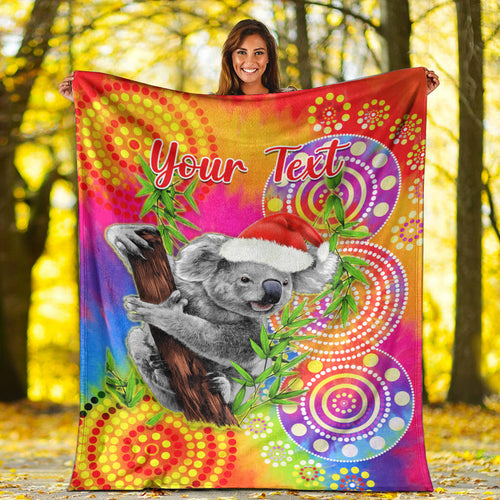 custom-personalised-australia-koala-aboriginal-premium-blanket-rainbow-tie-dye-merry-christmas