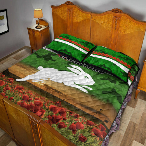 south-sydney-rabbitohs-anzac-2022-quilt-bed-set-poppy-flowers-vibes-green