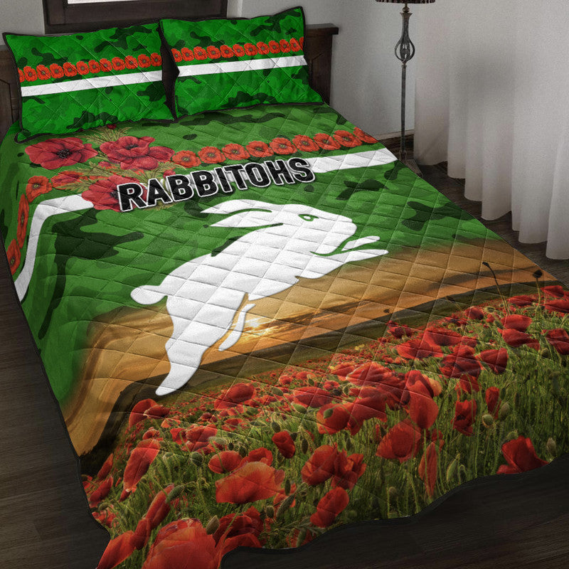 south-sydney-rabbitohs-anzac-2022-quilt-bed-set-poppy-flowers-vibes-green