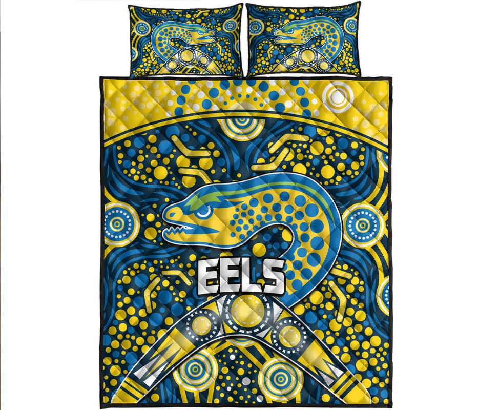 parramatta-eels-rugby-quilt-bed-set-boomerang-indigenous-dots