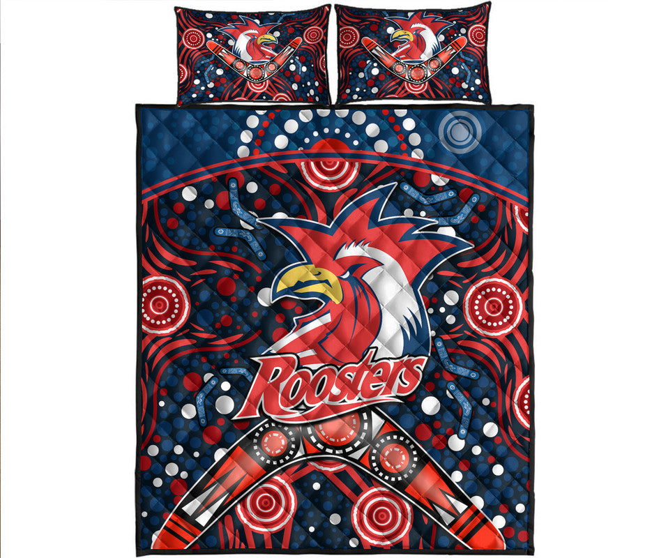 roosters-rugby-quilt-bed-set-boomerang-indigenous-dots