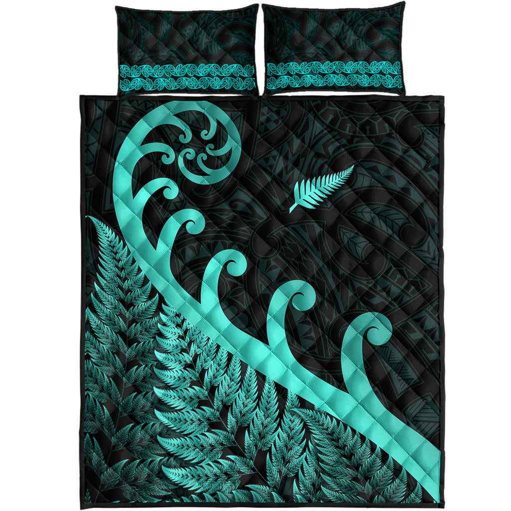 new-zealand-rugby-maori-quilt-bed-set-silver-fern-koru-vibes-turquoise