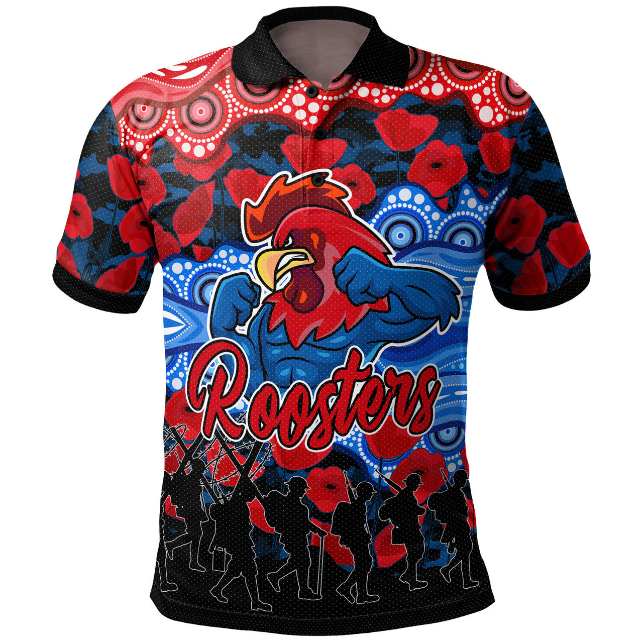 roosters-rugby-polo-shirt-custom-anzac-rooster-with-aboriginal-patterns-poppy-polo-shirt