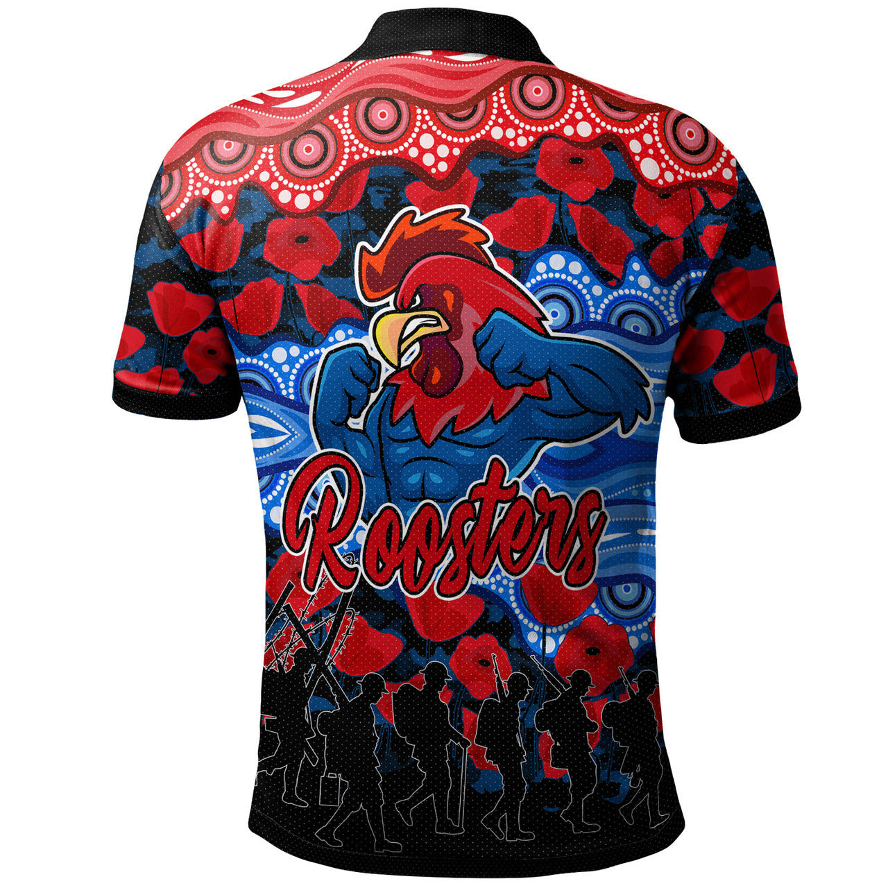 roosters-rugby-polo-shirt-custom-anzac-rooster-with-aboriginal-patterns-poppy-polo-shirt