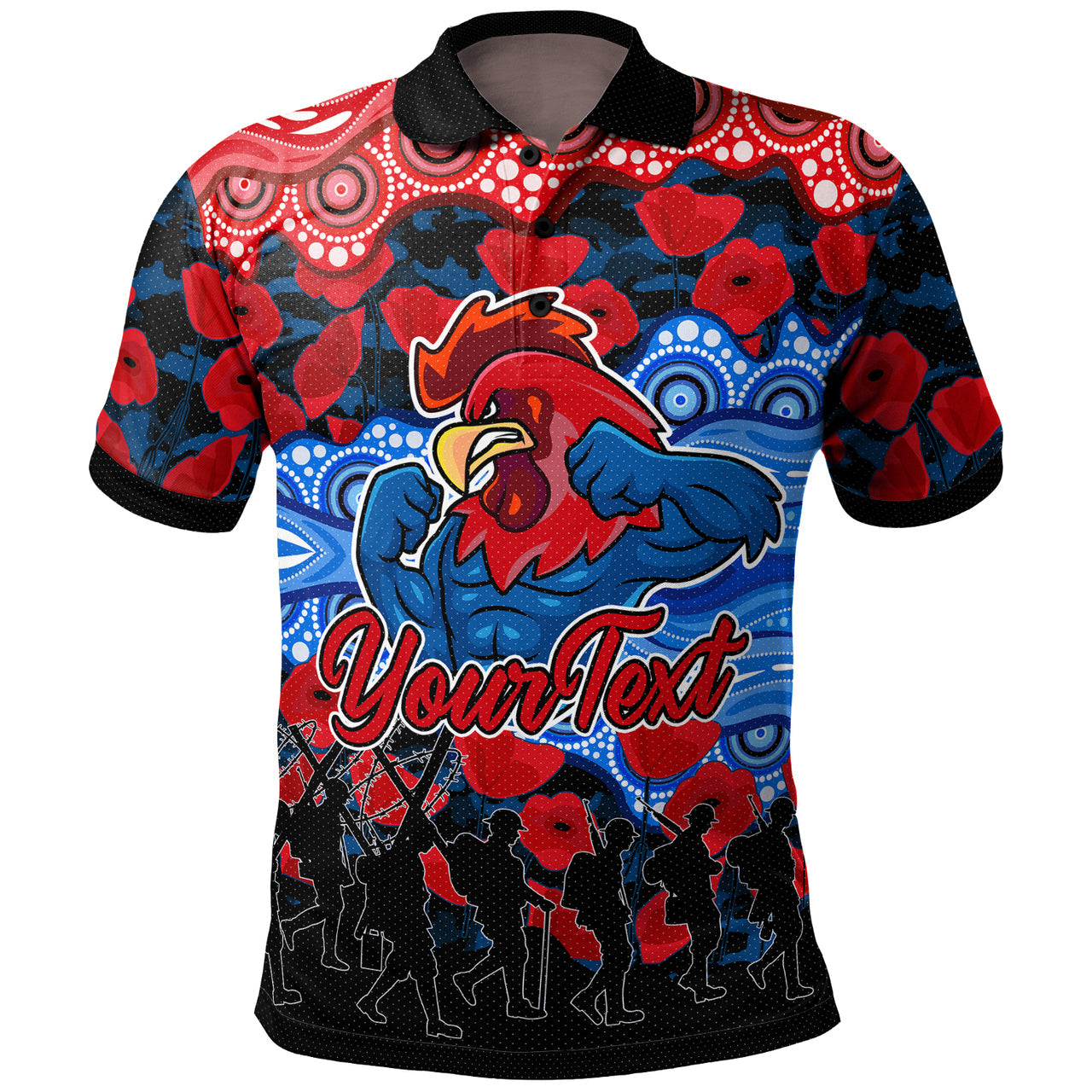 roosters-rugby-polo-shirt-custom-anzac-rooster-with-aboriginal-patterns-poppy-polo-shirt