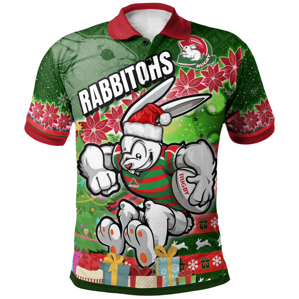 rabbitohs-rugby-polo-shirt-custom-christmas-tree-rabbit-rugby-ball-polo-shirt