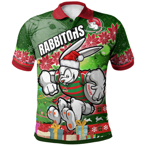 rabbitohs-rugby-polo-shirt-custom-christmas-tree-rabbit-rugby-ball-polo-shirt
