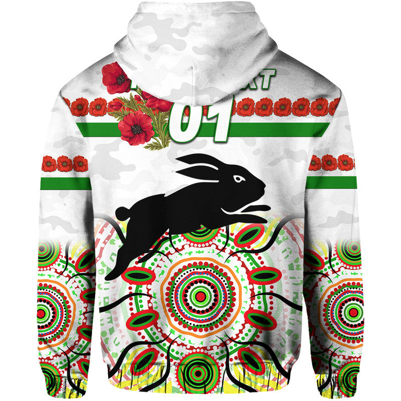 (Custom Personalised) South Sydney Rabbitohs ANZAC 2022 Zip Up And Pullover Hoodie Indigenous Vibes - White LT8