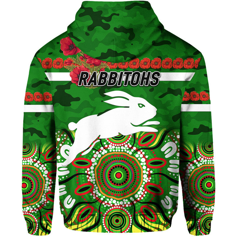 South Sydney Rabbitohs ANZAC 2022 Zip Up And Pullover Hoodie Indigenous Vibes - Green LT8