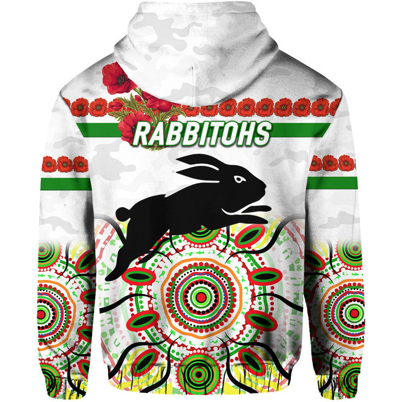 South Sydney Rabbitohs ANZAC 2022 Zip Up And Pullover Hoodie Indigenous Vibes - White LT8