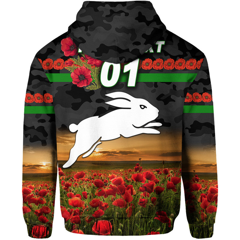 (Custom Personalised) South Sydney Rabbitohs ANZAC 2022 Zip Up And Pullover Hoodie Poppy Flowers Vibes - Black LT8