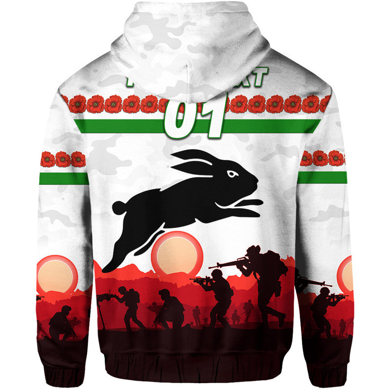 (Custom Personalised) South Sydney Rabbitohs ANZAC 2022 Zip Up And Pullover Hoodie Simple Style - White LT8
