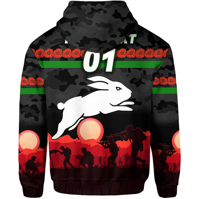 (Custom Personalised) South Sydney Rabbitohs ANZAC 2022 Zip Up And Pullover Hoodie Simple Style - Black LT8