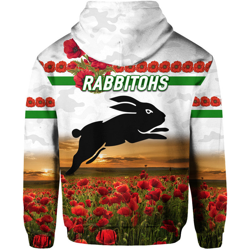 South Sydney Rabbitohs ANZAC 2022 Zip Up And Pullover Hoodie Poppy Flowers Vibes - White LT8