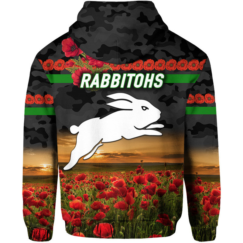 South Sydney Rabbitohs ANZAC 2022 Zip Up And Pullover Hoodie Poppy Flowers Vibes - Black LT8