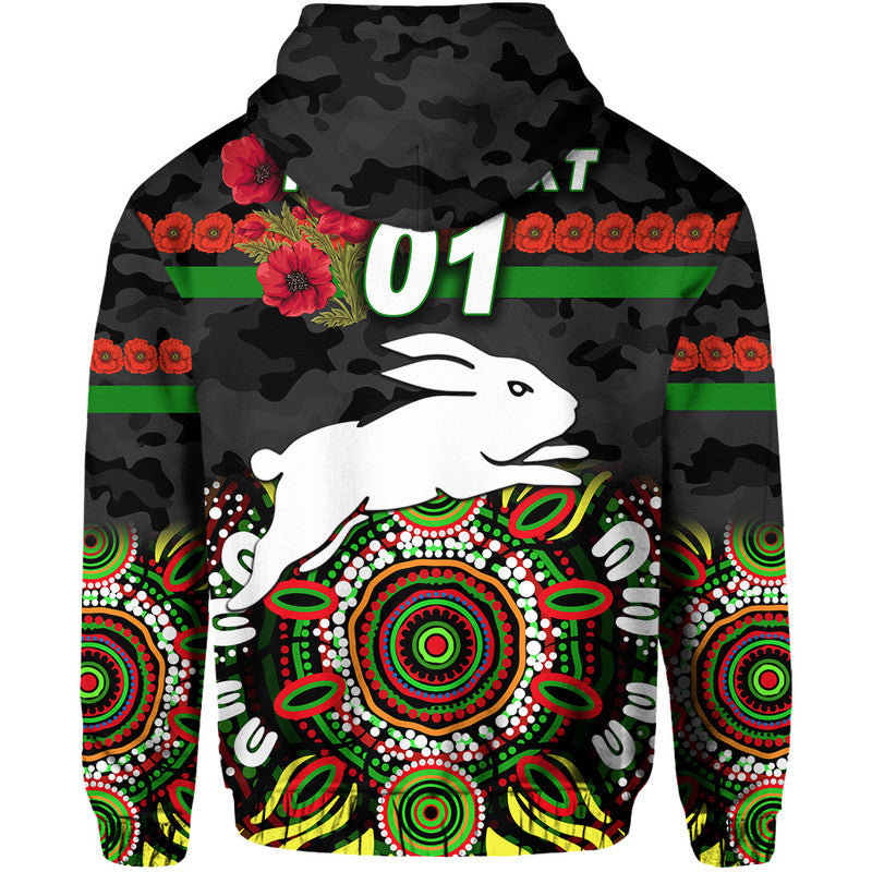 (Custom Personalised) South Sydney Rabbitohs ANZAC 2022 Zip Up And Pullover Hoodie Indigenous Vibes - Black LT8
