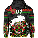 (Custom Personalised) South Sydney Rabbitohs ANZAC 2022 Zip Up And Pullover Hoodie Indigenous Vibes - Black LT8