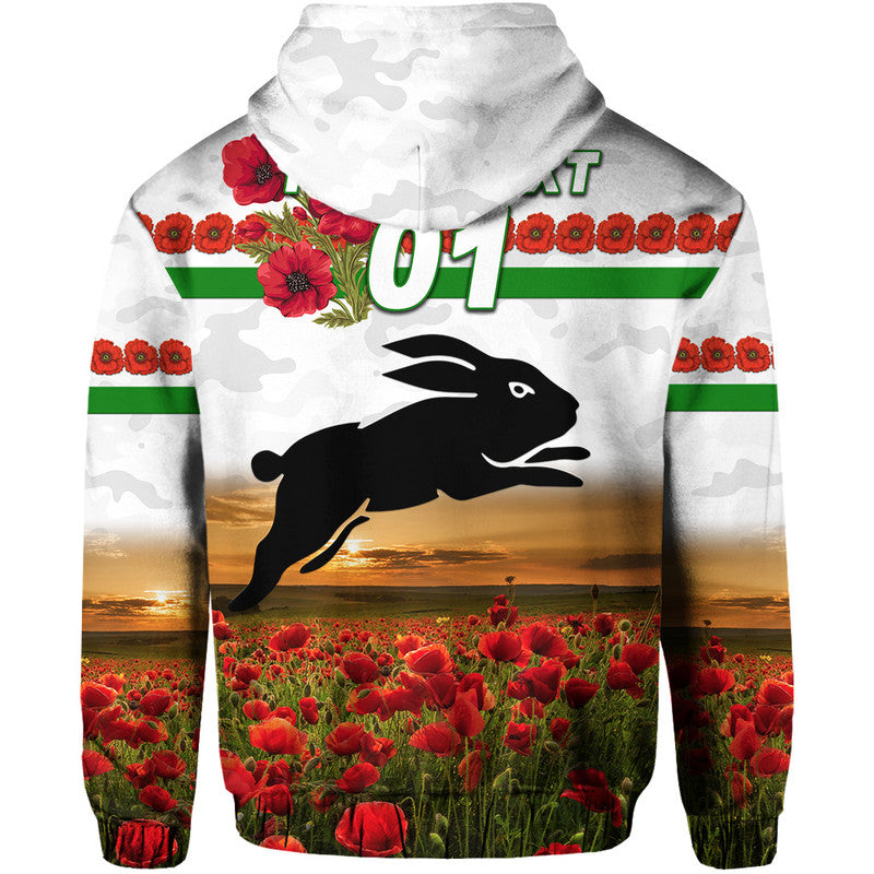 (Custom Personalised) South Sydney Rabbitohs ANZAC 2022 Zip Up And Pullover Hoodie Poppy Flowers Vibes - White LT8