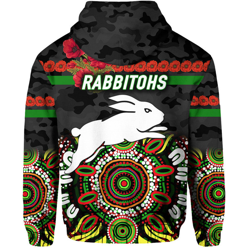 South Sydney Rabbitohs ANZAC 2022 Zip Up And Pullover Hoodie Indigenous Vibes - Black LT8